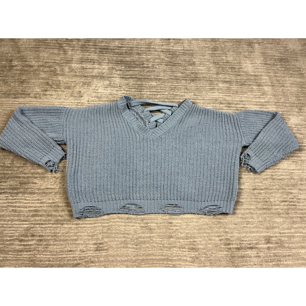 Hazel Moon Sweater Womens L Blue Chenille Cropped Distressed‎ Lace Up Back Knit